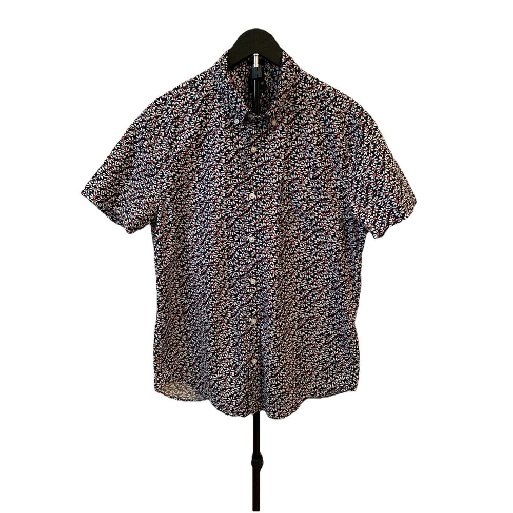 J Crew Mens Size Large Flex Washed Slim Floral Blue Button Down Short Sleeve